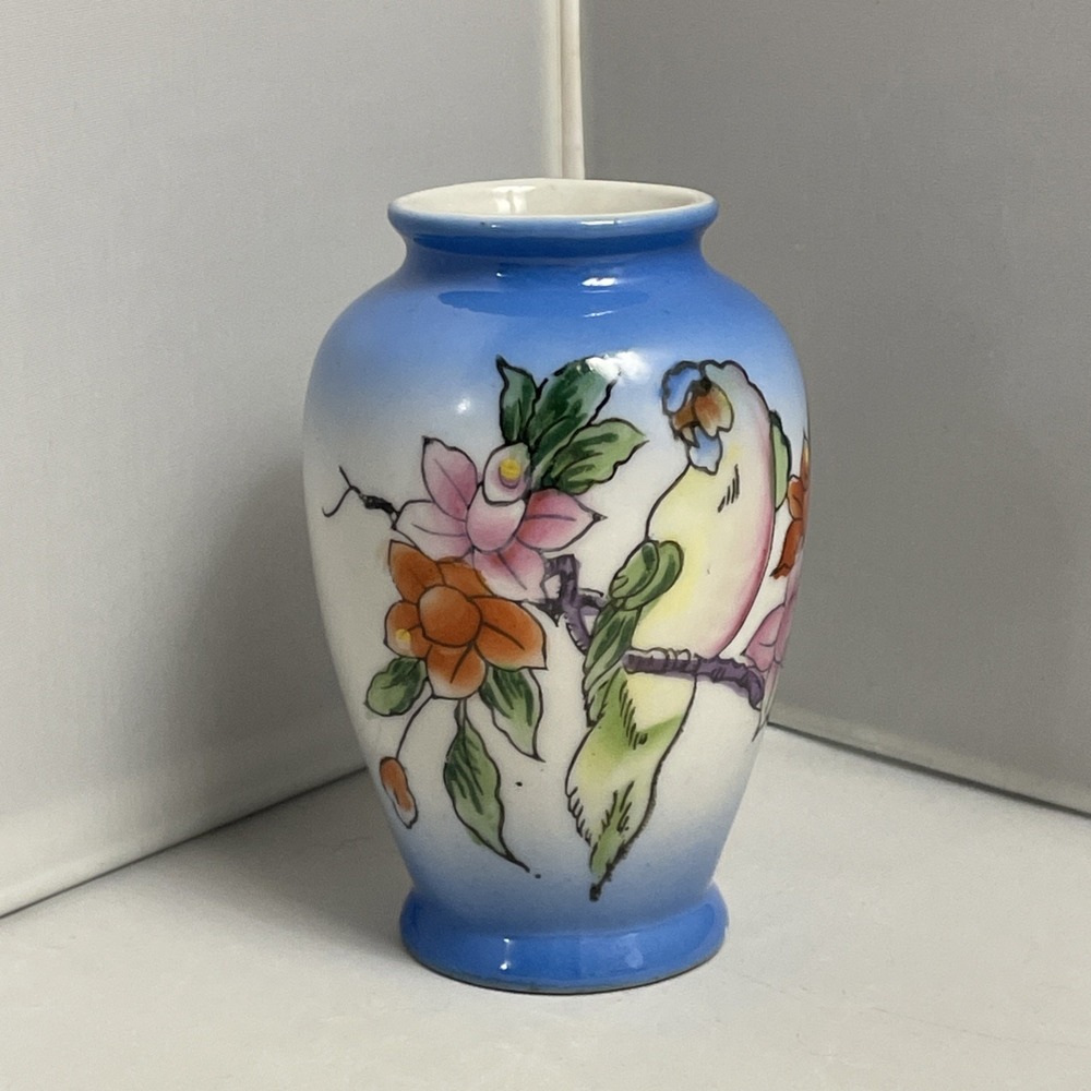 Small Porcelain‎ Bird Parrot? Floral Bud Vase Made in Occupied Japan 3.5"